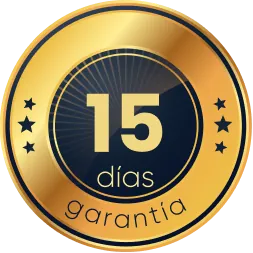 Gold and black circular badge displaying '15 días garantía' indicating a 15-day warranty.