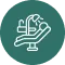 White icon of a dental chair and overhead light on a teal circular background.