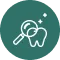 White magnifying glass icon focusing on two user figures with three sparkle stars above them on a blue circular background.