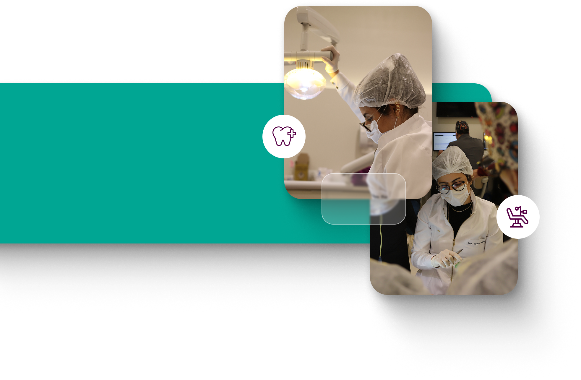 Two dentists wearing white coats, hair covers, masks, and glasses attending to patients in a dental clinic setting.
